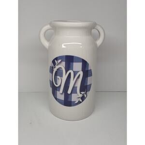 Blue Gingham Farmhouse Utensil Canister Kitchen Vase Jug Decor Initial M